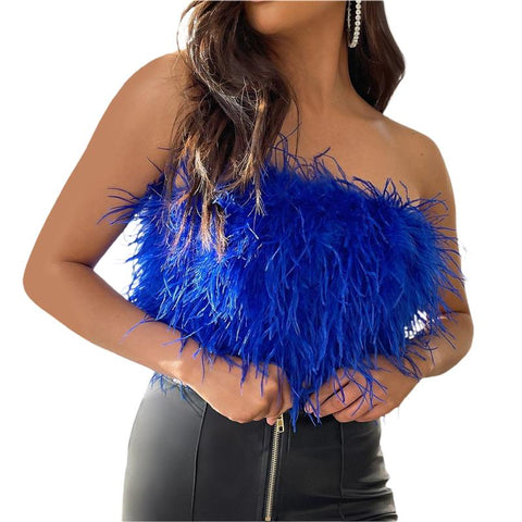 Women Solid Color Furry Feather Strapless T-Shirt Off Shoulder-WF00315-Veeddydropshipping
