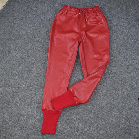 Women pants elastic waist casual leather-WF00514-Veeddydropshipping