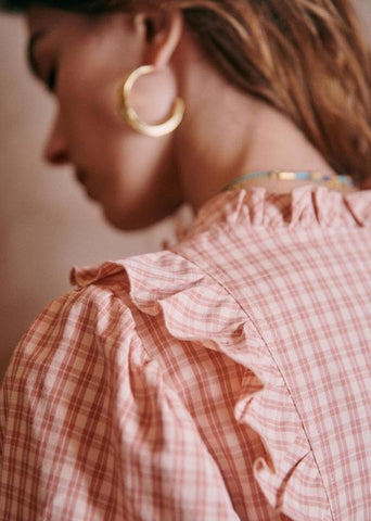 Retro Plaid Single-breasted Shirt Puff Sleeve Ruffled Round Neck-WF00288-Veeddydropshipping