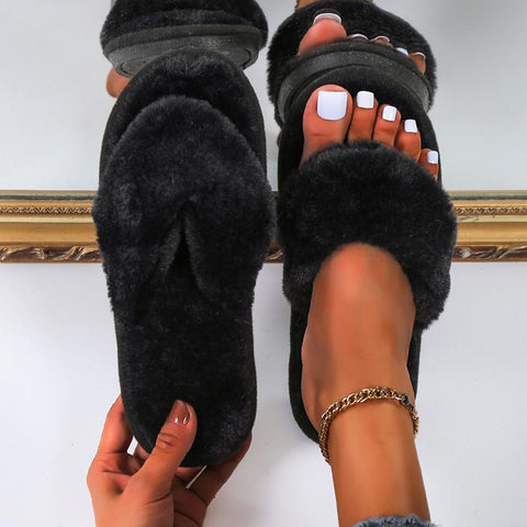 Slippers Rabbit Plush Cross-strap Cotton Sandalias Women-BS01174-Veeddydropshipping