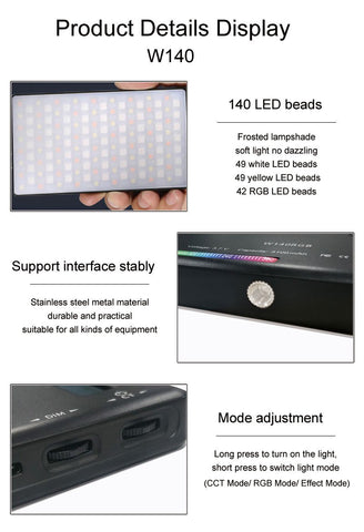 W140 LED RGB Video Light 0-360° Full Color 2500 to 9000K 8W 3100mAh Photography -CE00327-Veeddydropshipping