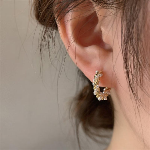 Round Circle Hoop Earrings   Pearl Twist Korean Fashion Jewelry  -JW00281-Veeddydropshipping
