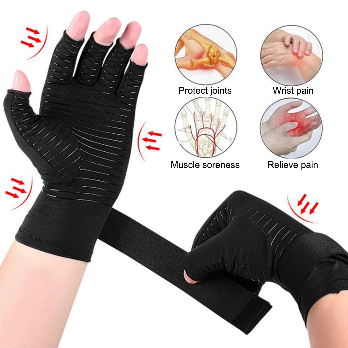 1 pair Arthritis Gloves Compression Gloves with Strap Fingerless Glove Hand Wrist Support-OS01043-Veeddydropshipping