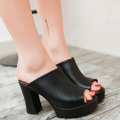 Toe Platform Mules Ladies Leather Sole Slippers Femal-BS01146-Veeddydropshipping