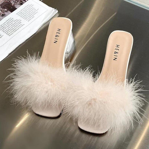 Heels Woman Feather Fur Slippers Pumps Women Cute-BS01232-Veeddydropshipping