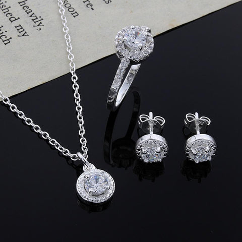 925 Sterling silver Cute Solid  necklace earring ring jewelry Set -JW00235-Veeddydropshipping