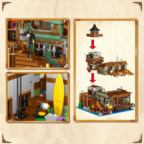 Creative Micro Fisherman Cabin Wharf Wooden House Model Building Blocks-TB01481-Veeddydropshipping