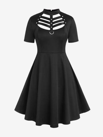 Plus Size Dresses Panel Ladder Cutout Mini Dress-WF00125-Veeddydropshipping