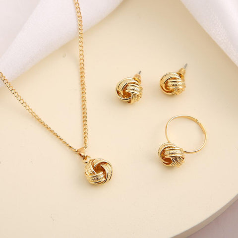Metal Twist Lucky Knot Earrings Necklace Ring Jewelry Set  -JW00222-Veeddydropshipping