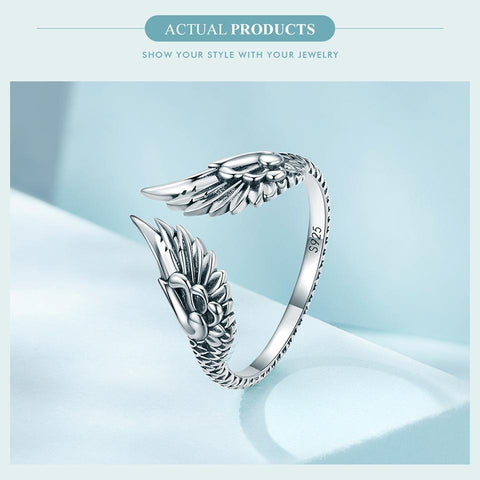 925 Sterling Silver Hip Hop VintageCreative Wings Open Rings -JW00042-Veeddydropshipping