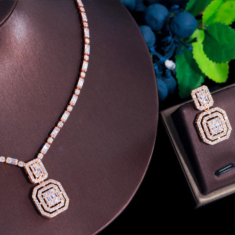 Geometric Square  Shiny Cubic Zirconia Crystal Fashion Jewelry Set  -JW00356-Veeddydropshipping