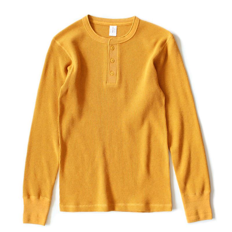 Thick American vintage khaki sweater shirt Waffle cotton Henry collar long sleeve-Veeddydropshipping