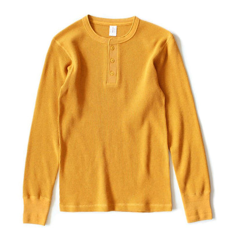 Thick American vintage khaki sweater shirt Waffle cotton Henry collar long sleeve-Veeddydropshipping
