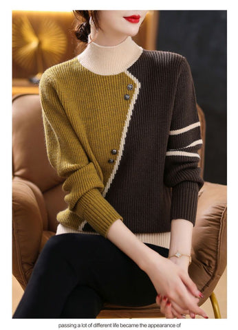Asymmetrical Striped Button Knitted Splicing Sweaters-WF00098-Veeddydropshipping