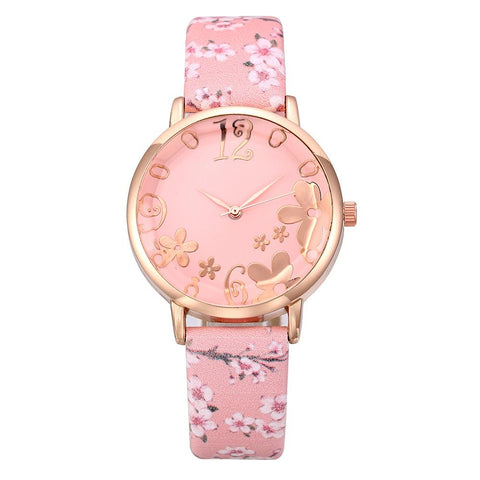 New Fashion Flowers Printed Belt Dial Watch Female Student Quartz Watch