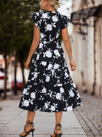 Casual Floral Printed V-Neck Mid-Calf Dress-WF00024-Veeddydropshipping