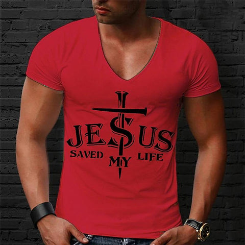 Jesus Printed Men's T-shirt New V-neck Short Sleeve Men's Clothing Fashion Slim Fit-Veeddydropshipping