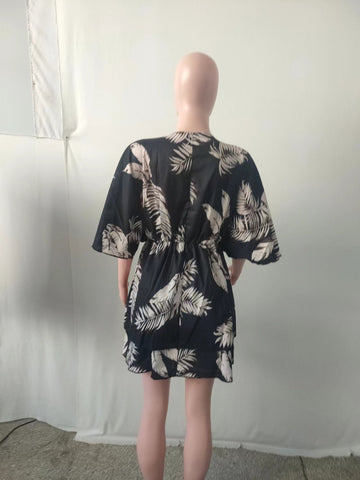 Fashion Printing Sexy V-neck Loose Bat Sleeve Dress-WF00060-Veeddydropshipping