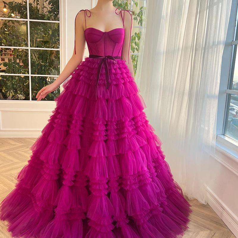 A-Line Spaghetti Straps Tulle Evening Dress-Veeddydropshipping
