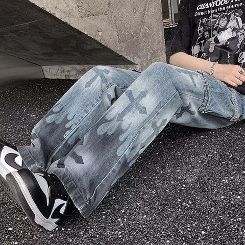 cross print washed jeans men ins trend retro loose-MF00575-Veeddydropshipping