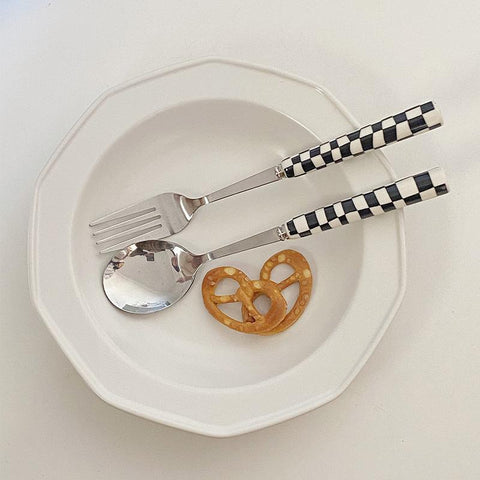 Stainless Steel Knife Fork Spoon with Checkerboard-HA01322-Veeddydropshipping