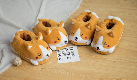 Double Shiba Inu Warm Plush Corgi Slippers Home Slip-BS01194-Veeddydropshipping