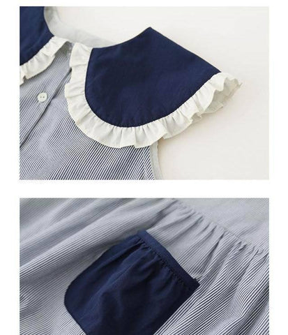 Summer Girls Sweet Dresses Kids Lace Collar Striped Dress-Veeddydropshipping