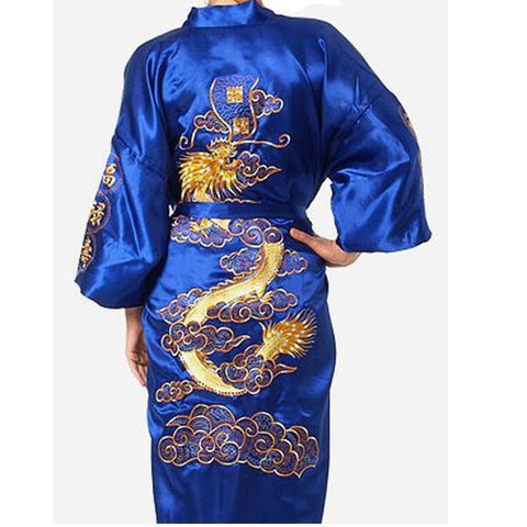 Men&#39;s Satin Silk Robe Embroidery Kimono Bath Gown Dragon-MF01602-Veeddydropshipping