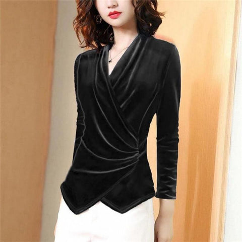 New Women Long Sleeve Velvet T-shirts V-neck Slim-Veeddydropshipping
