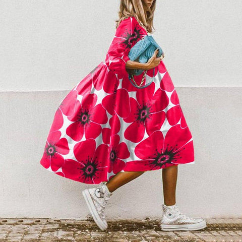 O Neck Half Sleeve Floral Printed  A-Line Dresses-WF00093-Veeddydropshipping