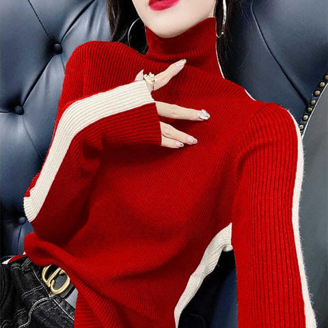 Fashion Turtleneck Knitting Spliced All-match Sweater-WF00102-Veeddydropshipping