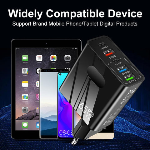 65W GaN Charger USB PD Muti Plugs Fast Charging GaN Charger Mobile Phone Quick Charging Type C-PA00023-Veeddydropshipping
