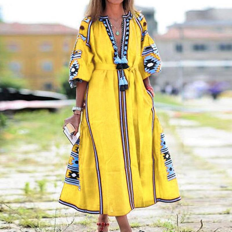 Elegant Sexy V-Neck Tassel Puff Sleeve Mid Length Dresses-Veeddydropshipping