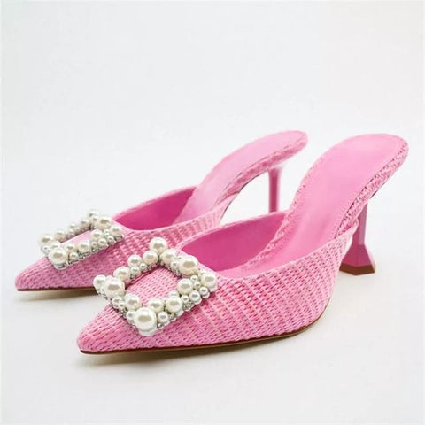 Woven Strap Autumn Front Pearl Slippers Woman Squared-BS00855-Veeddydropshipping