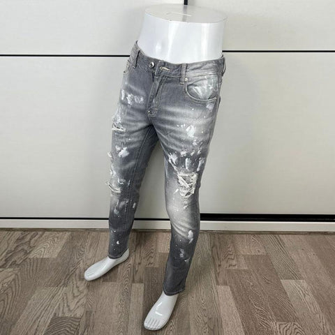 Gray Elastic Slim Fit Hole Ripped Jeans Men Stretch Trousers-MF00574-Veeddydropshipping