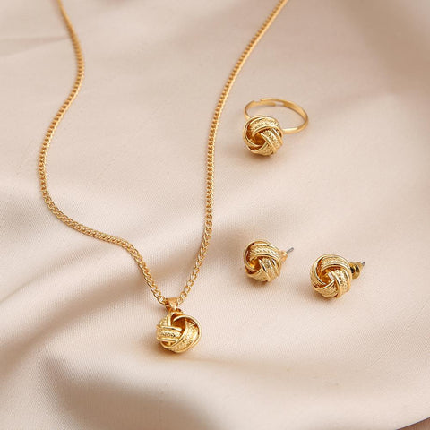 Metal Twist Lucky Knot Earrings Necklace Ring Jewelry Set  -JW00222-Veeddydropshipping