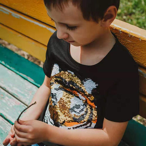 Color Change Tiger to Panda Sequin T-shirts for Boys Summer Cotton Fashion-TB01175-Veeddydropshipping