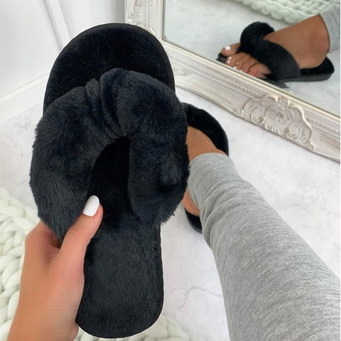 Faux Fur Cross Indoor Floor Slides Flat Soft Furry Shoes Ladies-BS01131-Veeddydropshipping