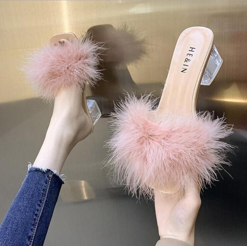 Heels Woman Feather Fur Slippers Pumps Women Cute-BS01232-Veeddydropshipping