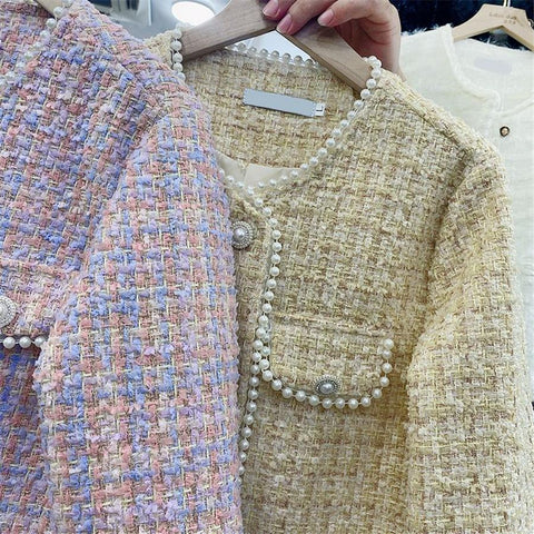Pearls Vintage Cropped Tweed Jacket Women Korean Fashion-Veeddydropshipping