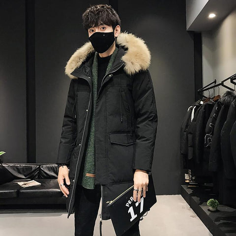 Fur Collar Windbreaker Down Coat Thick Black Coat-Veeddydropshipping