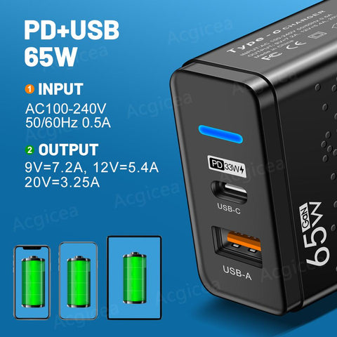 65W GaN USB Charger Fast Charging PD QC 3.0 Mobile Phone Adapter-PA00026-Veeddydropshipping