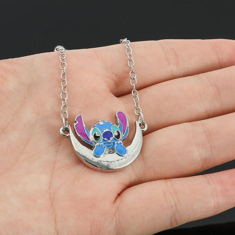 Stitch Necklace Silver Plated Crescent Half Moon Pendant -JW01281-Veeddydropshipping