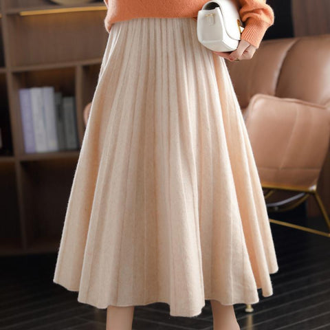 New Pure Cashmere High-Waist Pleated Long Skirt-WF00470-Veeddydropshipping