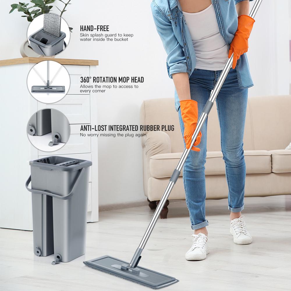 Hand Free Flat Floor Mop And Bucket Set-HA01076-Veeddydropshipping
