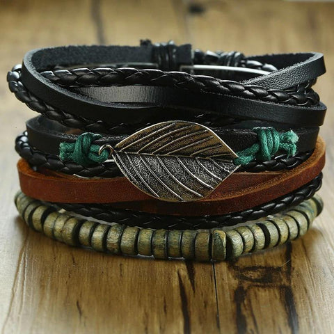 Set Braided Wrap Leather Bracelets Wood Beads Ethnic Tribal Wristbands -JW00254-Veeddydropshipping