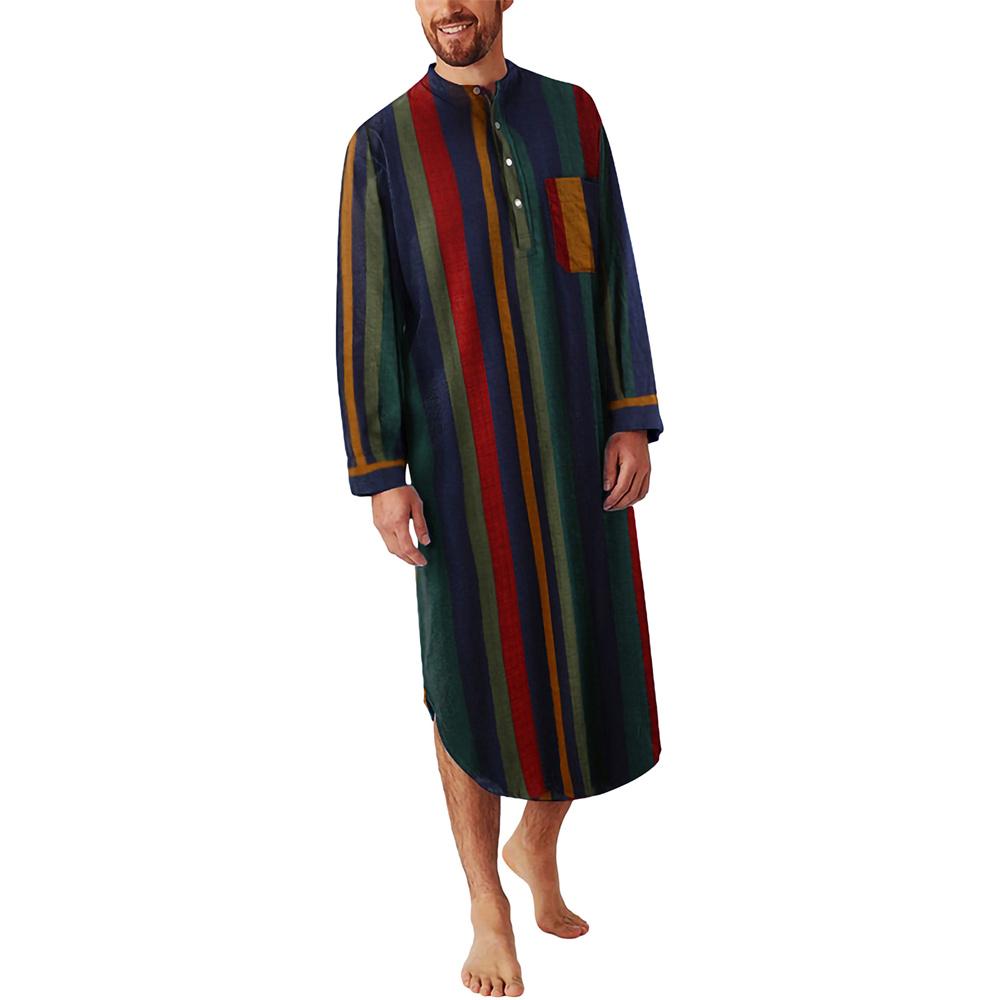 Muslim Long Sleeve Striped Nightgown Arabian Middle East O Neck Button-MF01573-Veeddydropshipping