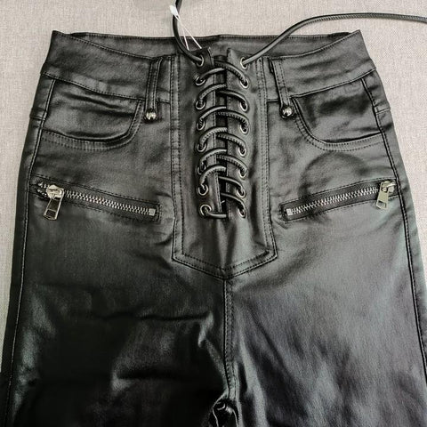 Pu Leather Pants Lace Up Zipper High Waist Streetwear-WF00561-Veeddydropshipping
