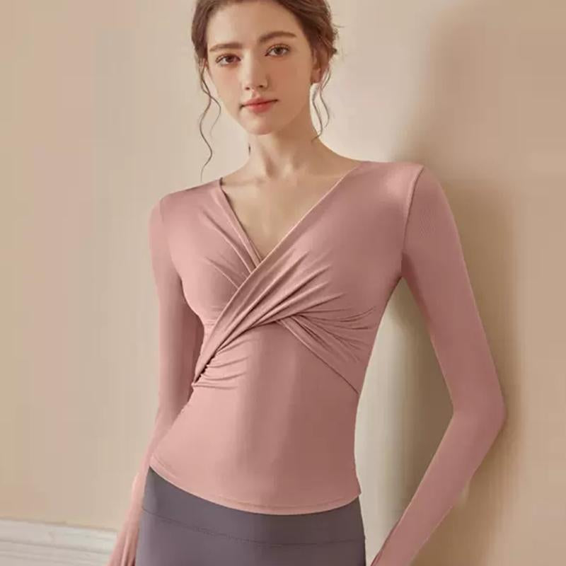 Women V Neck Shirts Long Sleeve Tight Chest Cross Yoga Shirts Gym Fitness Running -OS00738-Veeddydropshipping