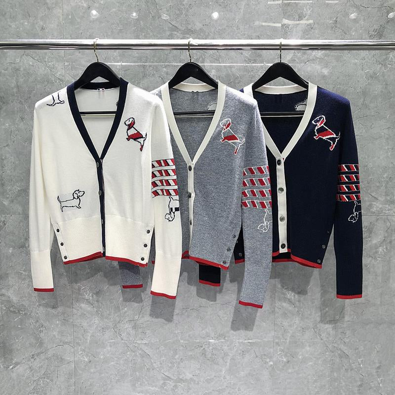 Cardigan Sweaters Puppy Printed Plaid Striped Women Sweaters-WF00256-Veeddydropshipping